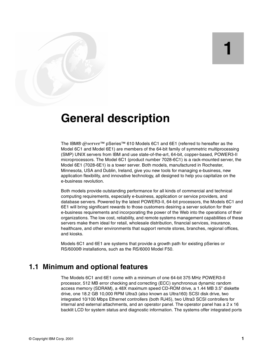 Chapter 1. general description, 1 minimum and optional features, General description | IBM 610 User Manual | Page 9 / 40