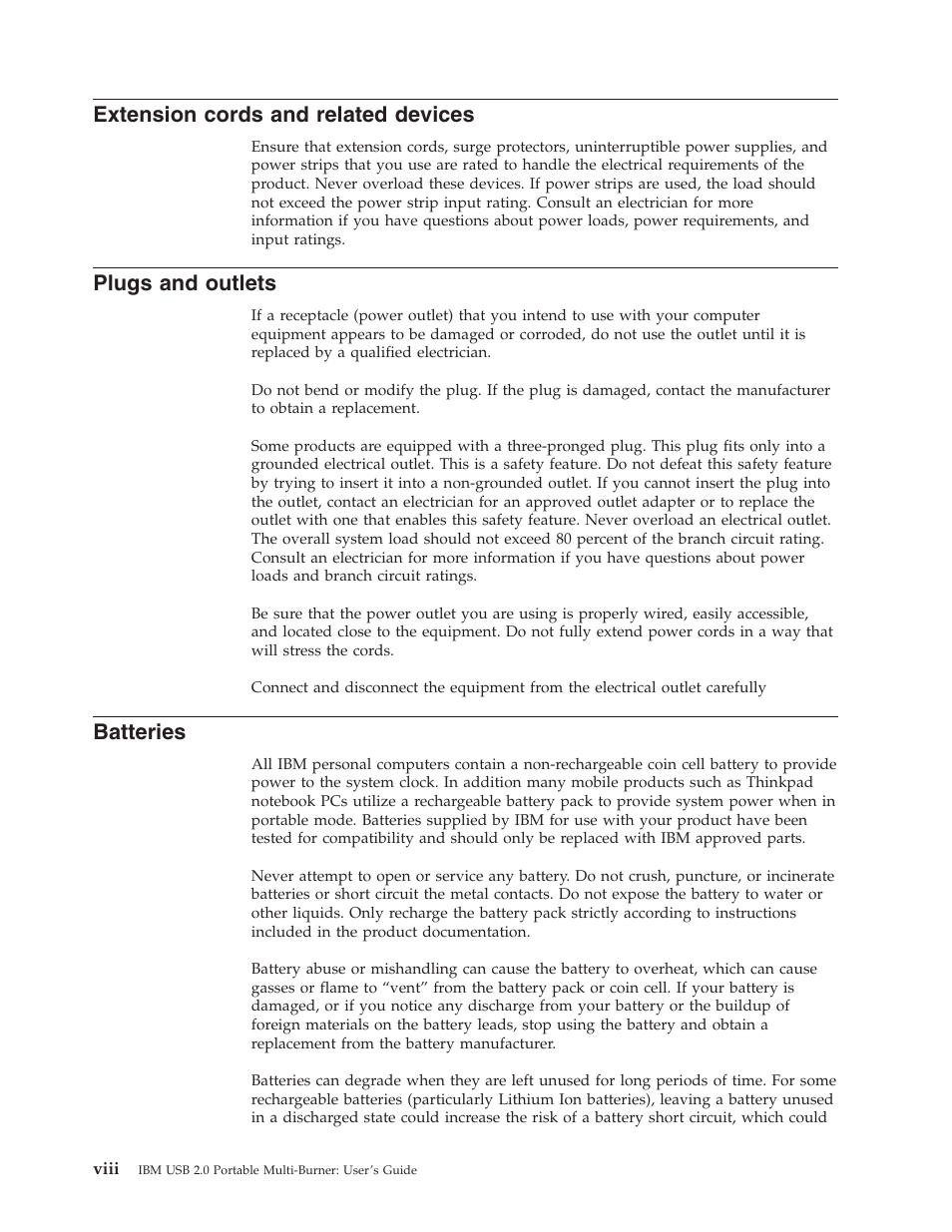 Extension cords and related devices, Plugs and outlets, Batteries | Extension, Cords, Related, Devices, Viii, Plugs, Outlets | IBM 22P9176 User Manual | Page 10 / 76
