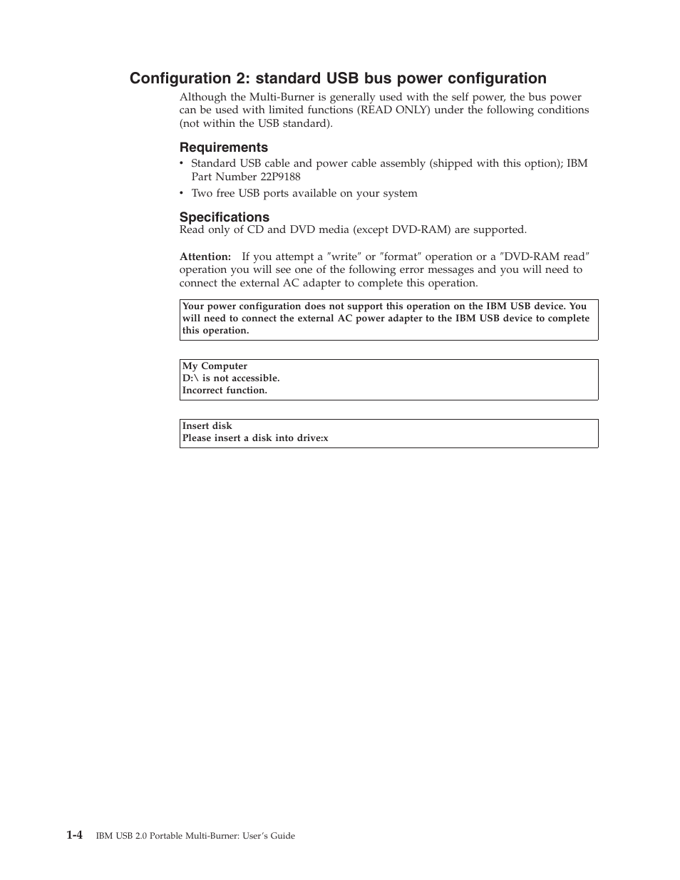 Requirements, Specifications, Configuration | Standard, Power | IBM 22P9176 User Manual | Page 18 / 76
