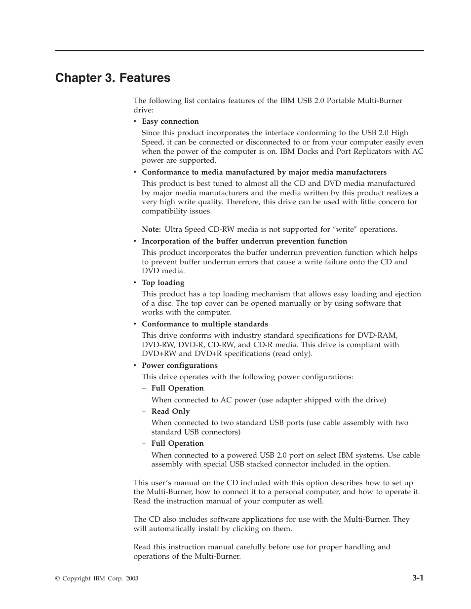 Chapter 3. features, Chapter, Features | IBM 22P9176 User Manual | Page 25 / 76