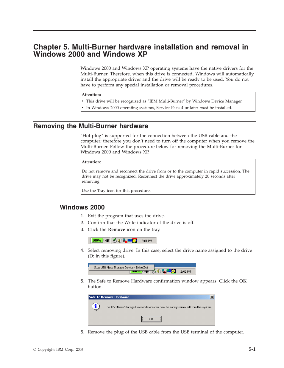 Removing the multi-burner hardware, Windows 2000, Chapter | Multi-burner, Hardware, Installation, Removal, Windows, Removing | IBM 22P9176 User Manual | Page 31 / 76
