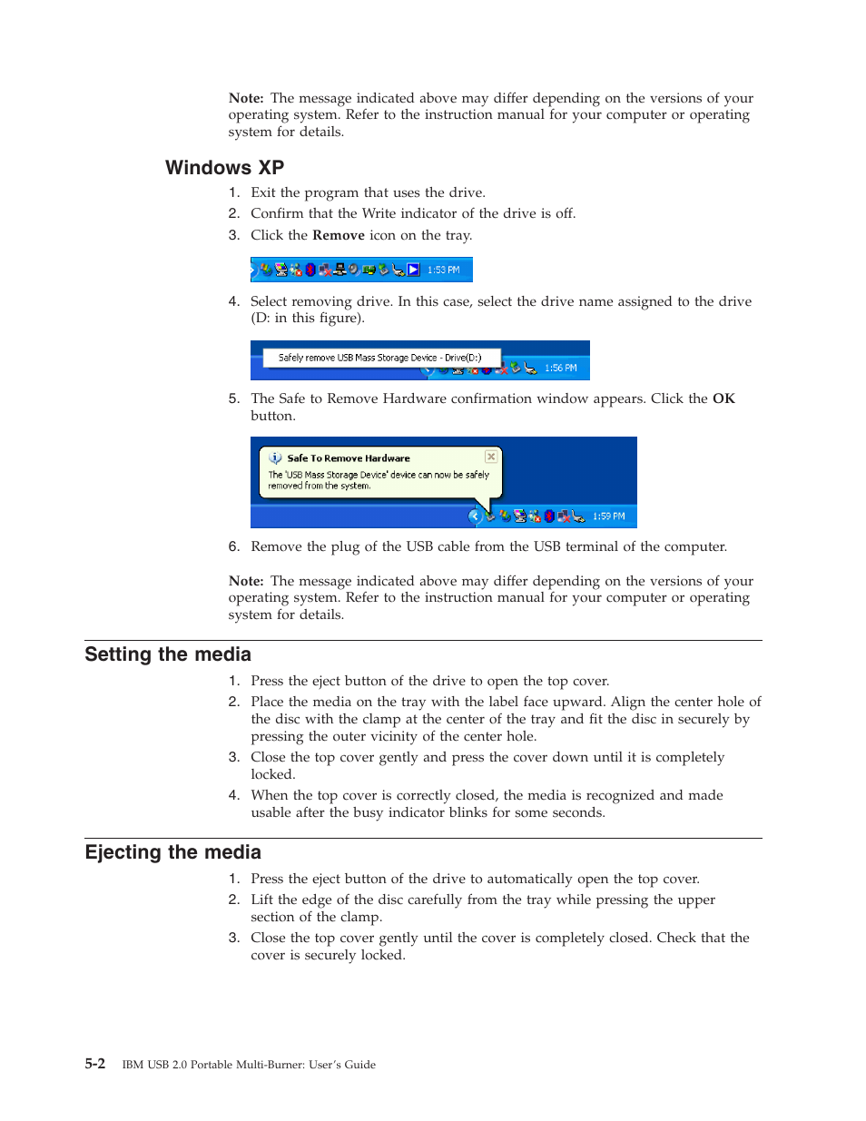 Windows xp, Setting the media, Ejecting the media | Windows, Setting, Media, Ejecting | IBM 22P9176 User Manual | Page 32 / 76