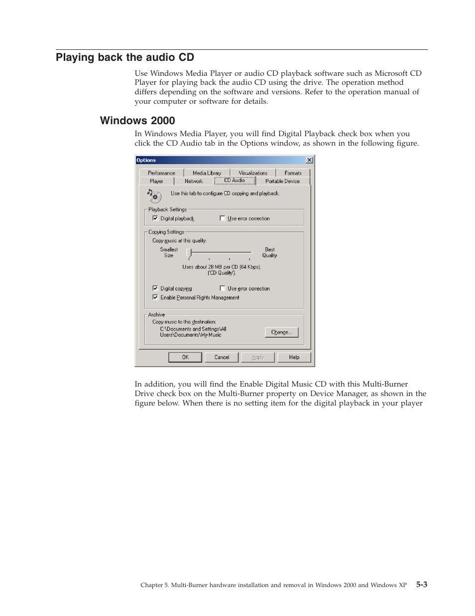 Playing back the audio cd, Windows 2000, Playing | Back, Audio, Windows | IBM 22P9176 User Manual | Page 33 / 76