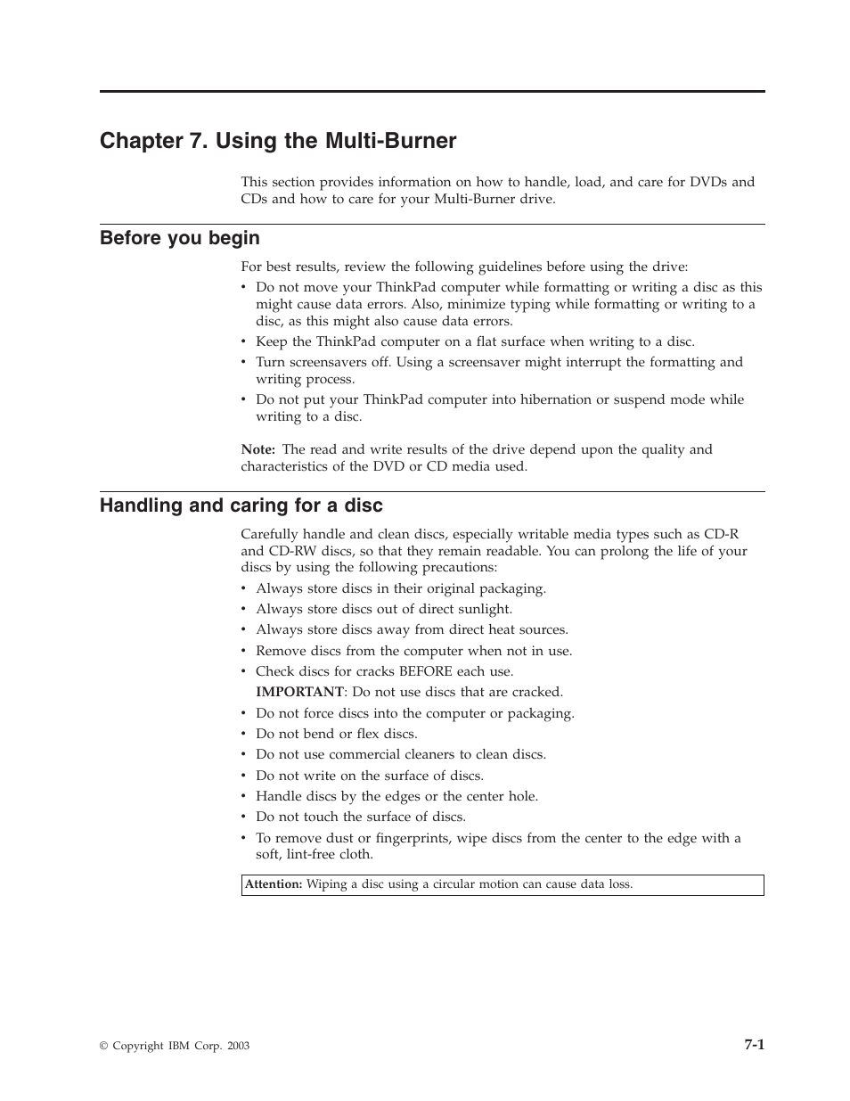 Chapter 7. using the multi-burner, Before you begin, Handling and caring for a disc | Chapter, Using, Multi-burner, Before, Begin, Handling, Caring | IBM 22P9176 User Manual | Page 39 / 76