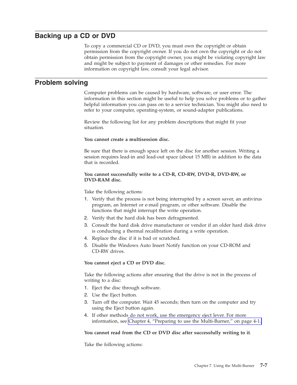 Backing up a cd or dvd, Problem solving, Backing | Problem, Solving | IBM 22P9176 User Manual | Page 45 / 76