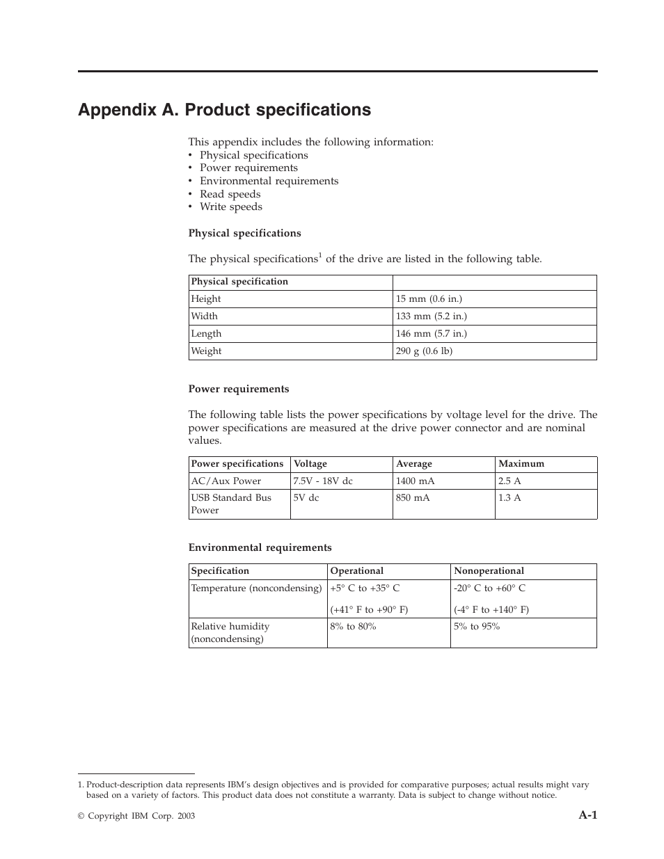 Appendix a. product specifications, Appendix, Product | Specifications | IBM 22P9176 User Manual | Page 47 / 76