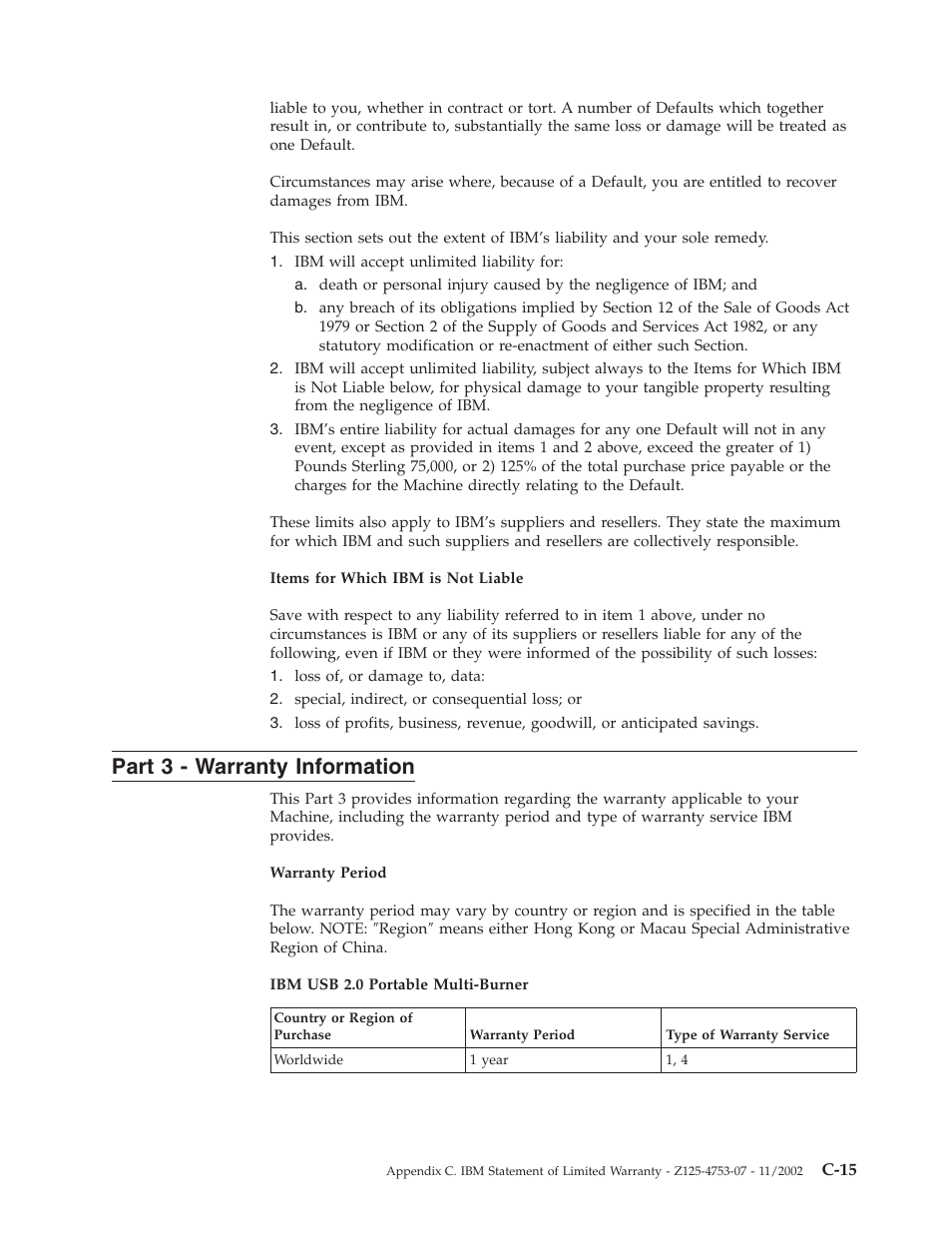 Part 3 - warranty information, Part, Warranty | Information, C-15 | IBM 22P9176 User Manual | Page 65 / 76