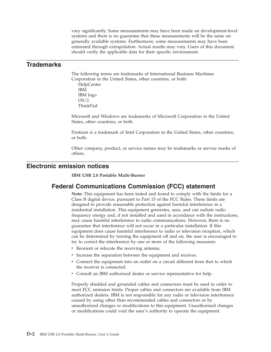 Trademarks, Electronic emission notices, Federal communications commission (fcc) statement | Electronic, Emission, Notices, Federal, Communications, Commission, Fcc) | IBM 22P9176 User Manual | Page 70 / 76