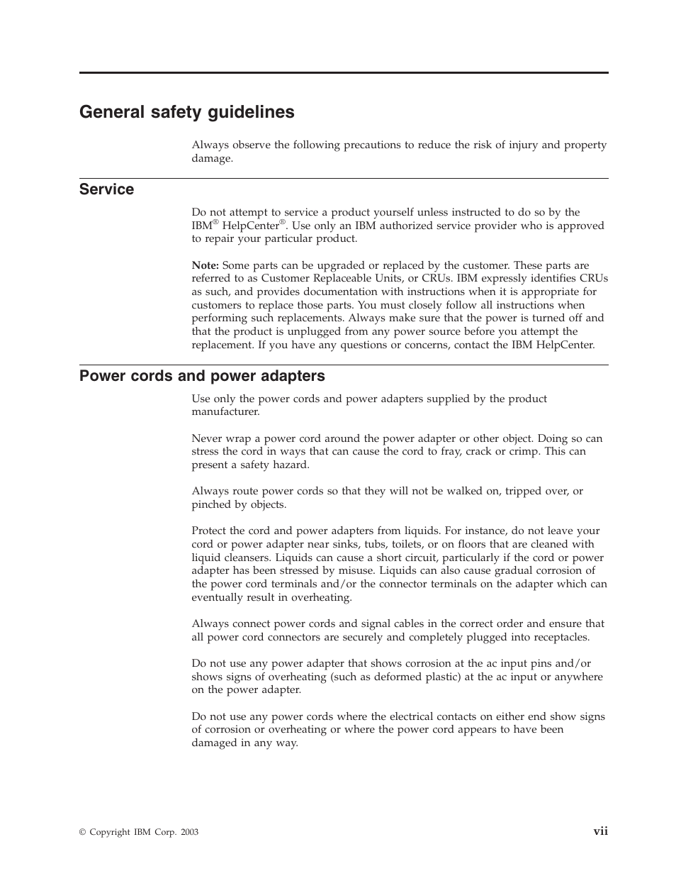 General safety guidelines, Service, Power cords and power adapters | General, Safety, Guidelines, Power, Cords, Adapters | IBM 22P9176 User Manual | Page 9 / 76