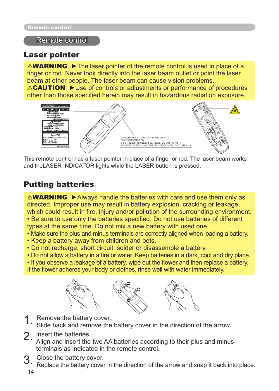 Remote control, Laser pointer, Putting batteries | IBM CP-X445 User Manual | Page 14 / 56