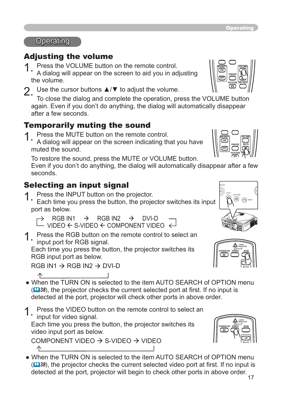 Operating, Adjusting the volume, Temporarily muting the sound | Selecting an input signal, Mute button ( 17 ), Video button ( 17 ), Operating adjusting the volume | IBM CP-X445 User Manual | Page 17 / 56