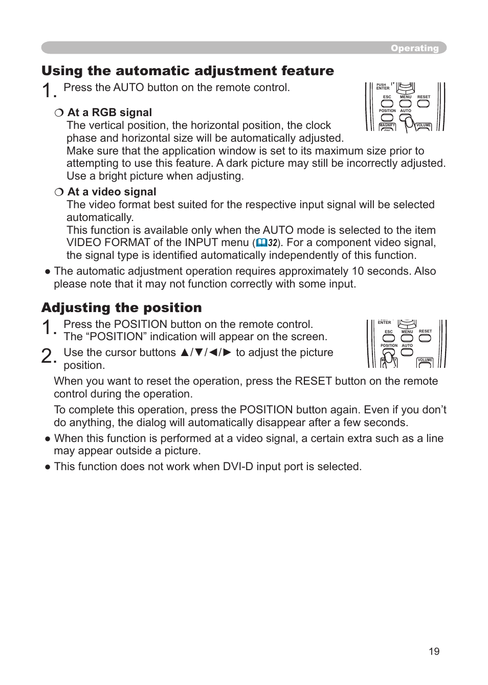 Using the automatic adjustment feature, Adjusting the position, O butotn ( 19 ) | IBM CP-X445 User Manual | Page 19 / 56