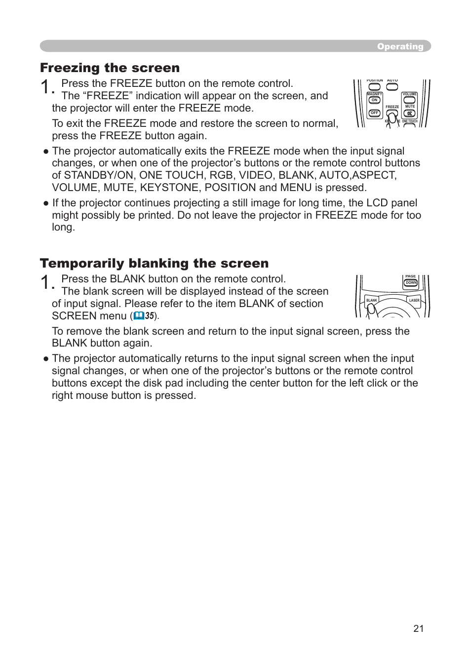 Freezing the screen, Temporarily blanking the screen, Operating | IBM CP-X445 User Manual | Page 21 / 56