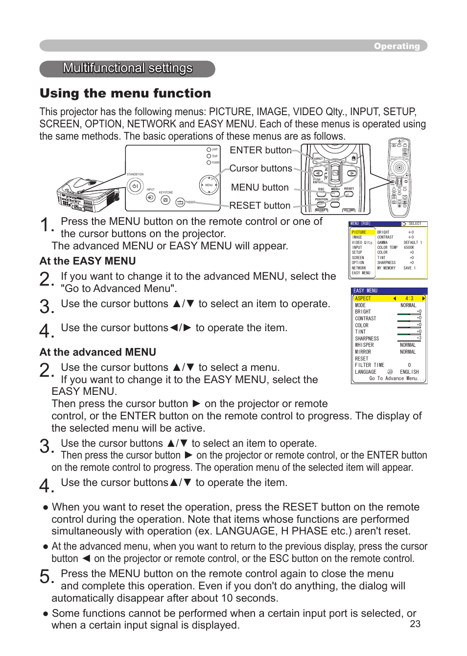 Multifunctional settings, Using the menu function, Cursor buttons ( 23 ) | Button ( 23 ), Menu button ( 23 ), Multifunctional settings using the menu function, Operating | IBM CP-X445 User Manual | Page 23 / 56