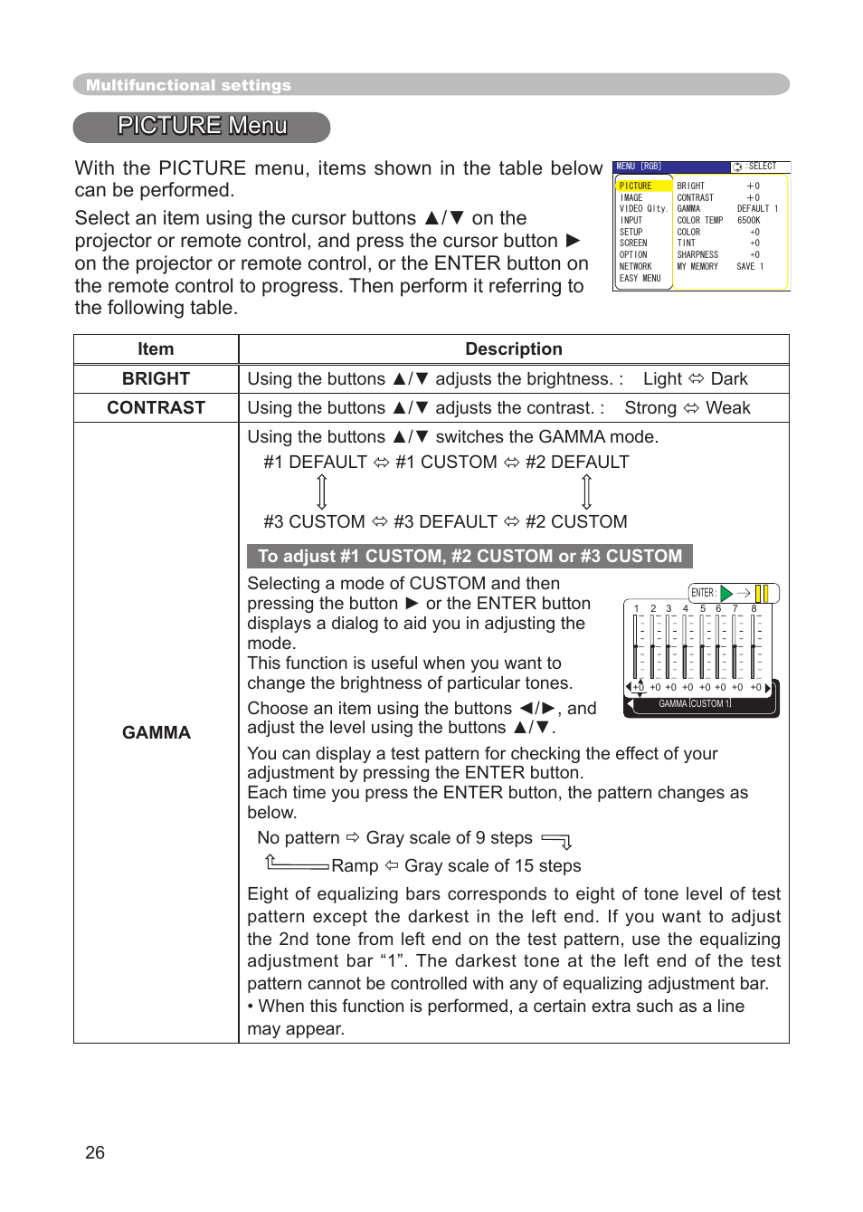 Picture menu, Bright, contrast, gamma, color temp, Color, tint, sharpness, my memory | IBM CP-X445 User Manual | Page 26 / 56