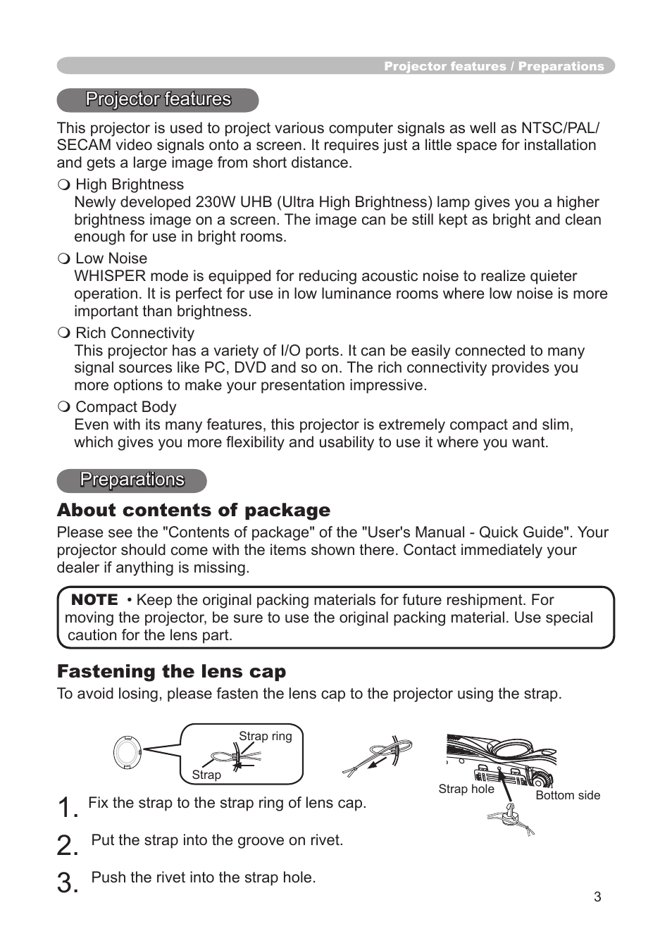 Projector features, Preparations, About contents of package | Fastening the lens cap | IBM CP-X445 User Manual | Page 3 / 56