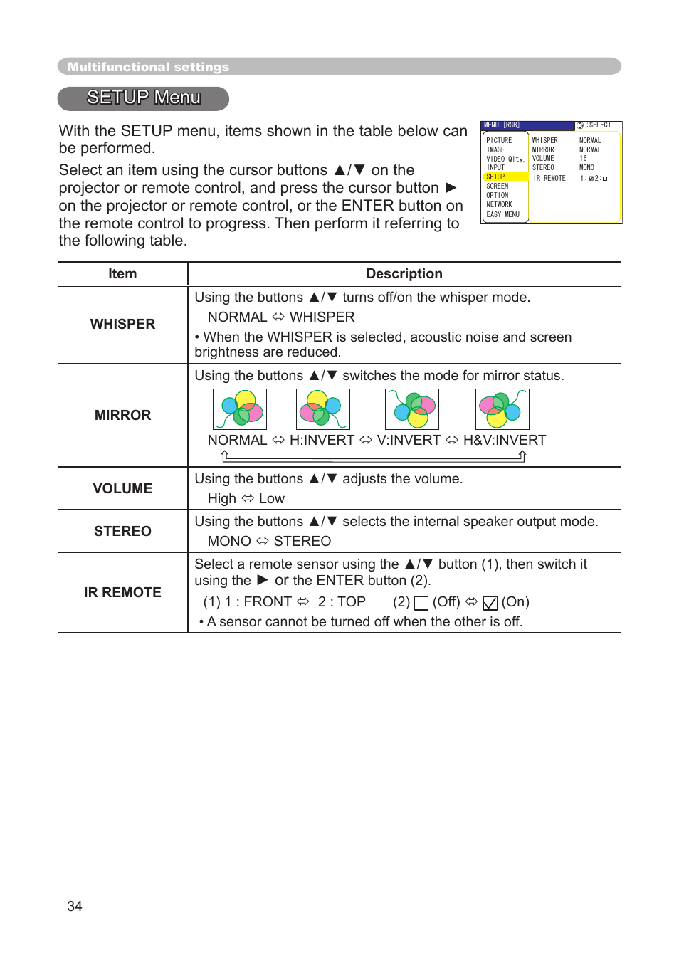 Setup menu, Whisper, mirror, volume, stereo, ir remote | IBM CP-X445 User Manual | Page 34 / 56