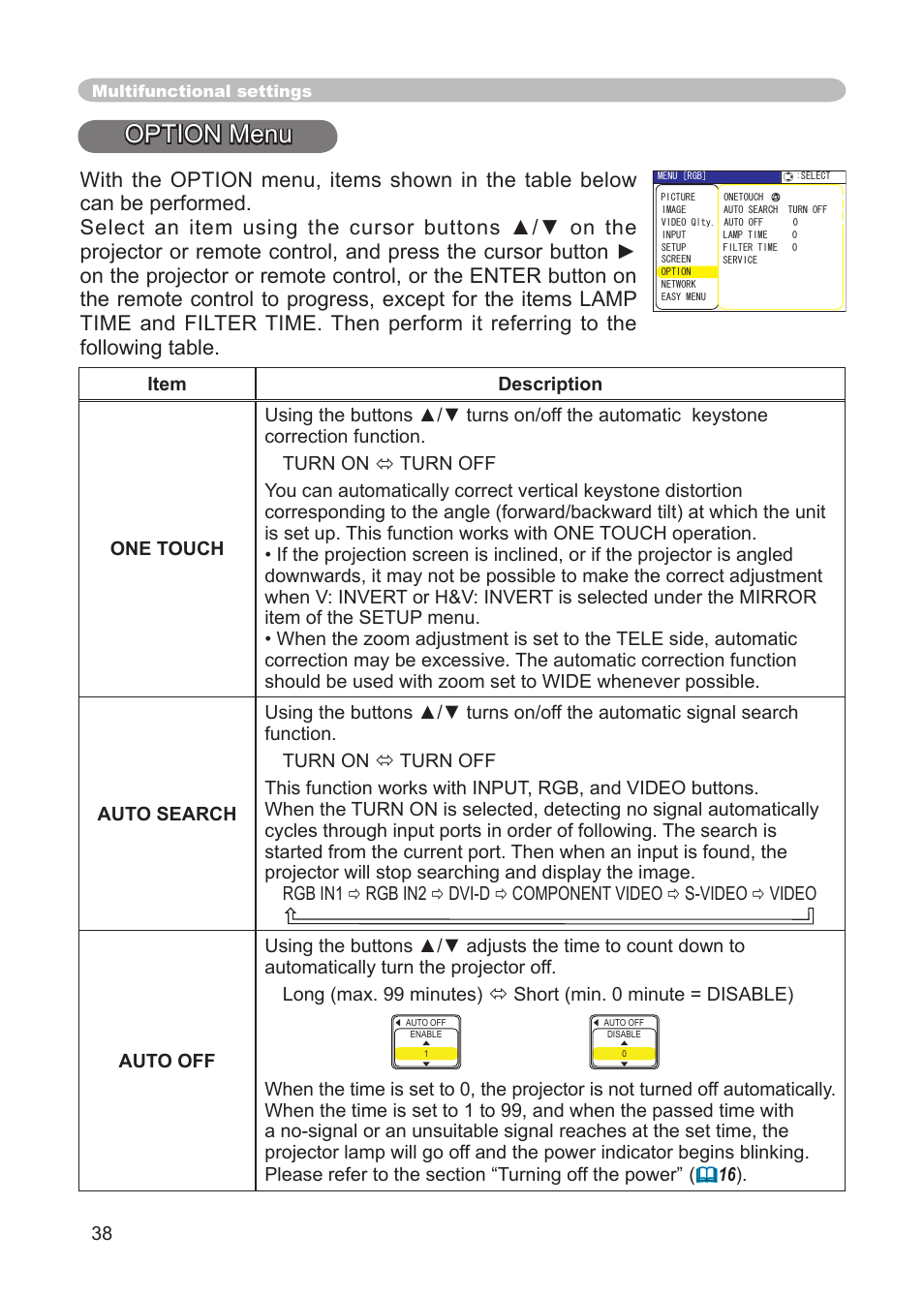 One touch, auto, Search, Time, filter time, service | Option menu | IBM CP-X445 User Manual | Page 38 / 56