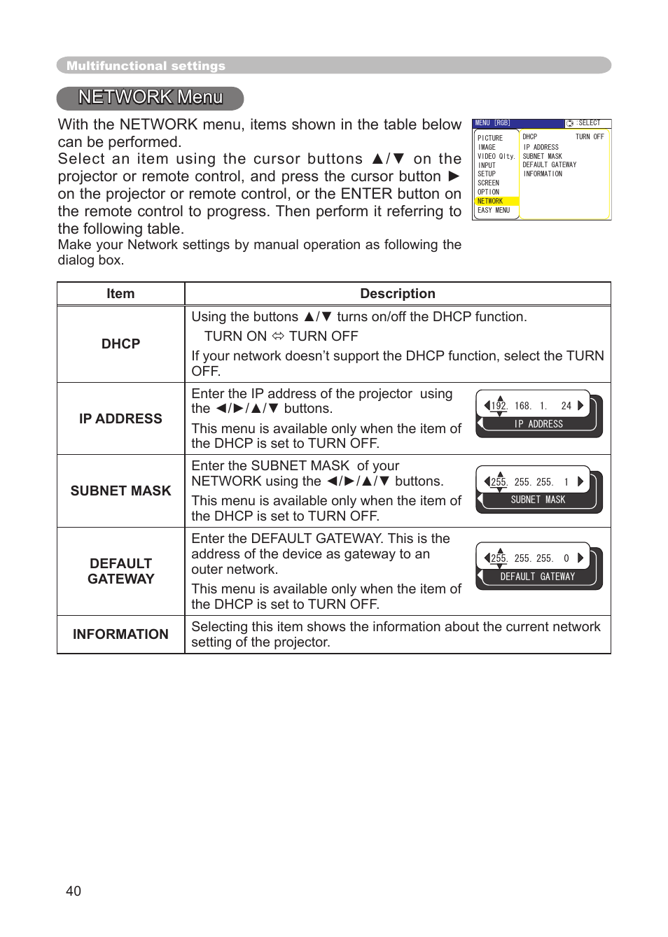 Network menu, Dhcp, ip address, subnet mask, default, Gateway, information | IBM CP-X445 User Manual | Page 40 / 56