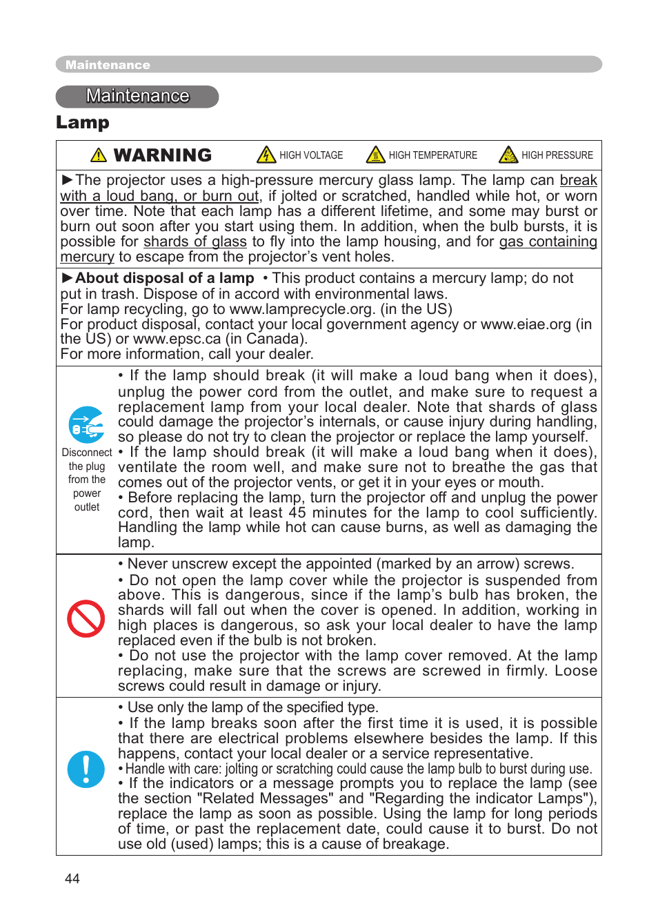 Maintenance, Lamp, Maintenance lamp warning | IBM CP-X445 User Manual | Page 44 / 56