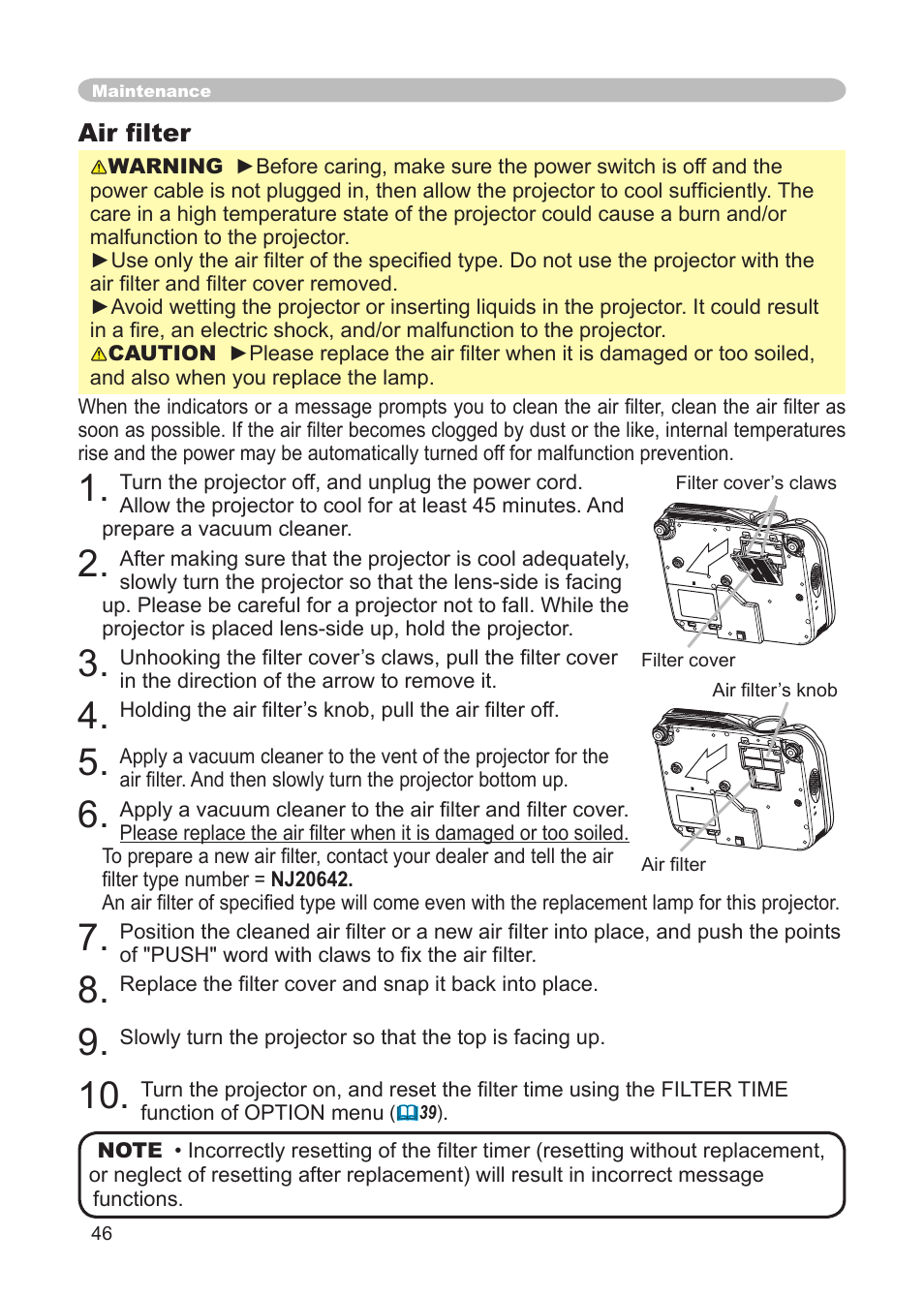 Air ﬁlter | IBM CP-X445 User Manual | Page 46 / 56