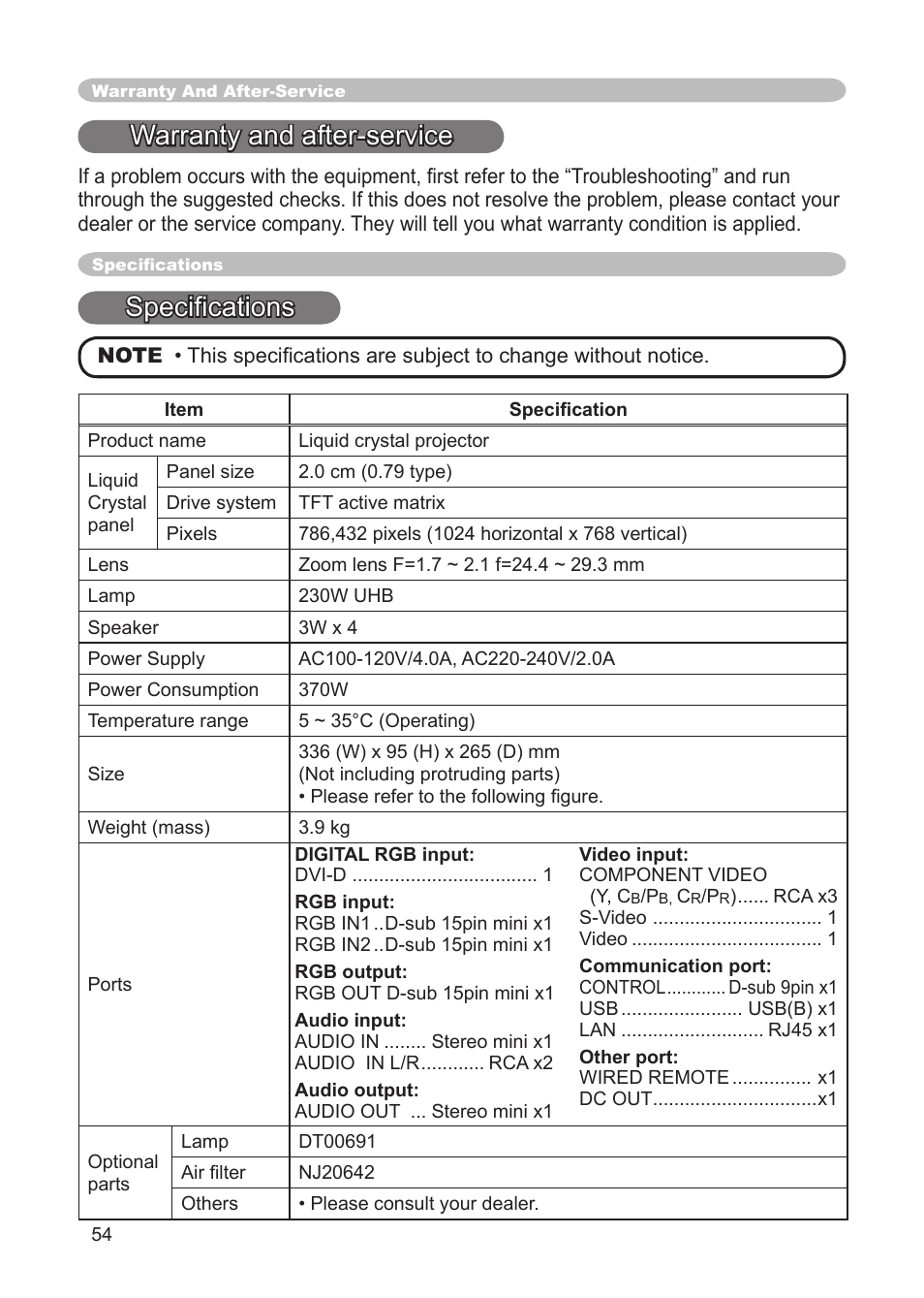 Warranty and after-service, Speciﬁcations | IBM CP-X445 User Manual | Page 54 / 56