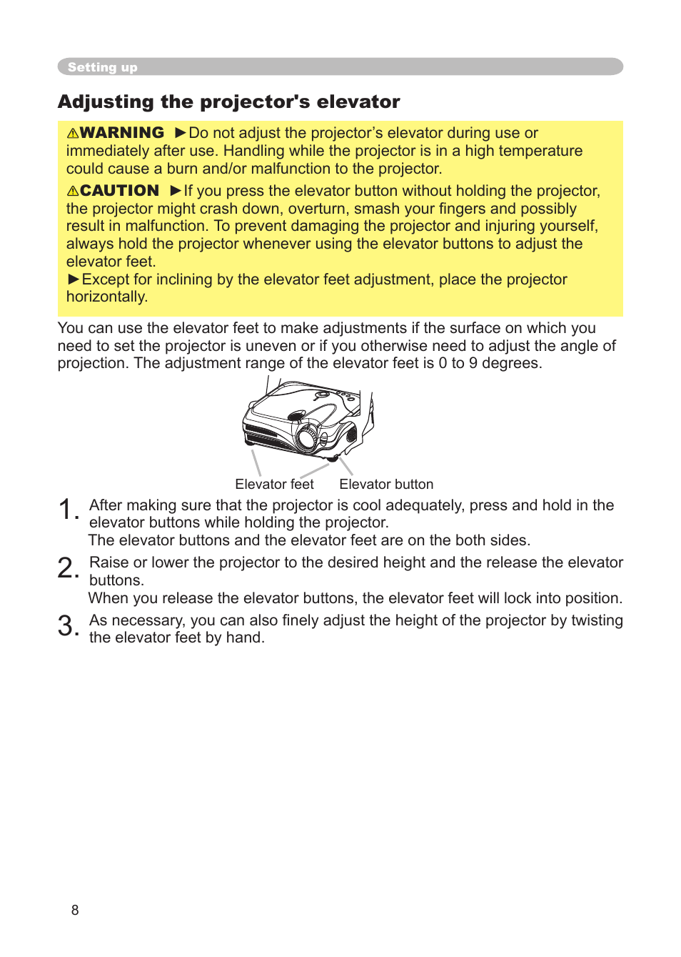 Adjusting the projector's elevator | IBM CP-X445 User Manual | Page 8 / 56