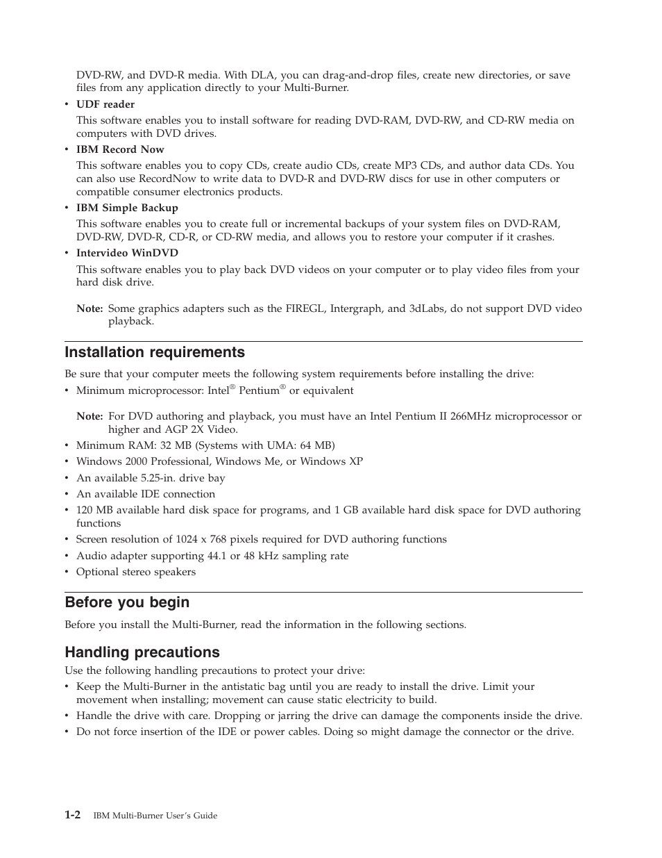 Installation requirements, Before you begin, Handling precautions | IBM 22P6972 User Manual | Page 12 / 46