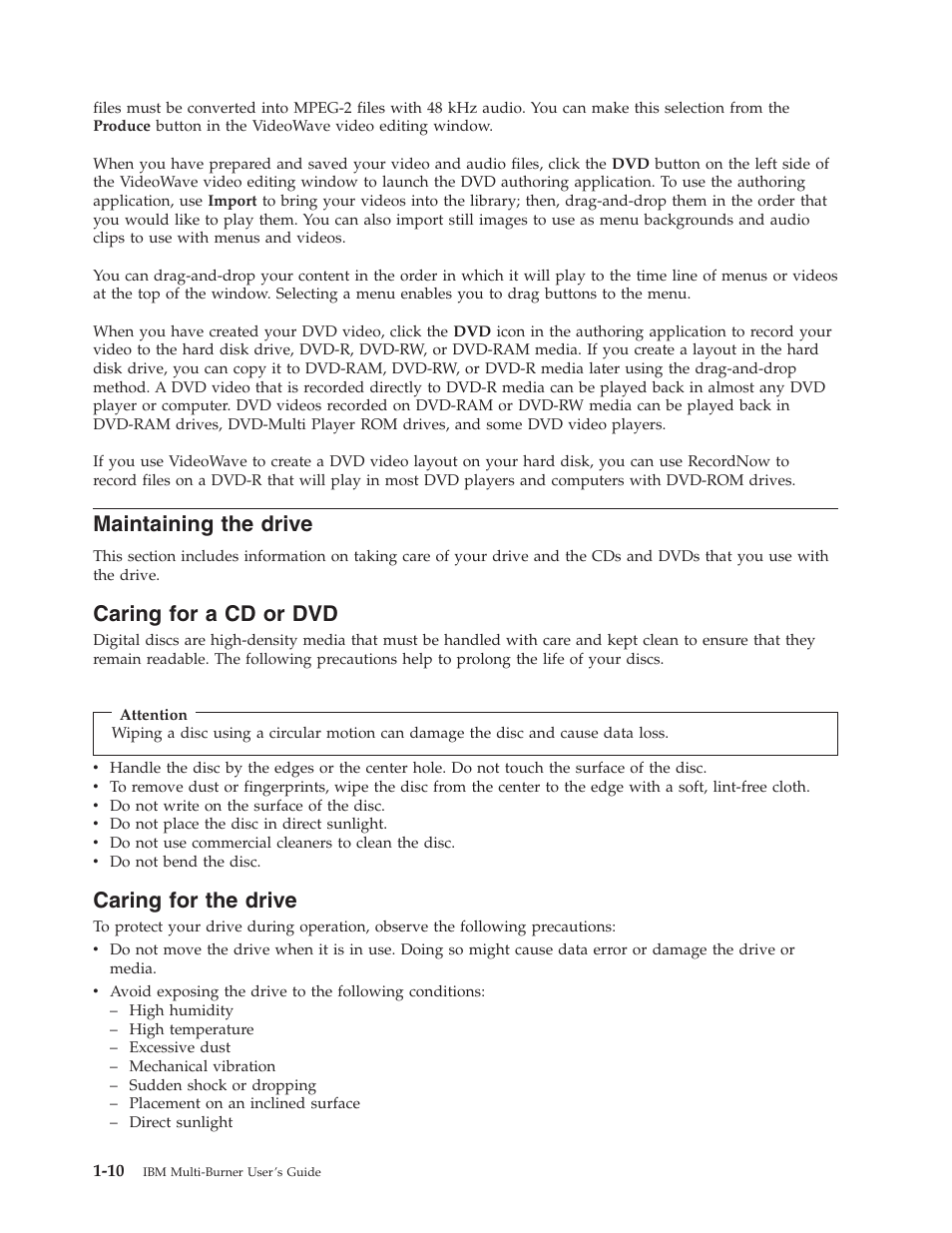 Maintaining the drive, Caring for a cd or dvd, Caring for the drive | IBM 22P6972 User Manual | Page 20 / 46