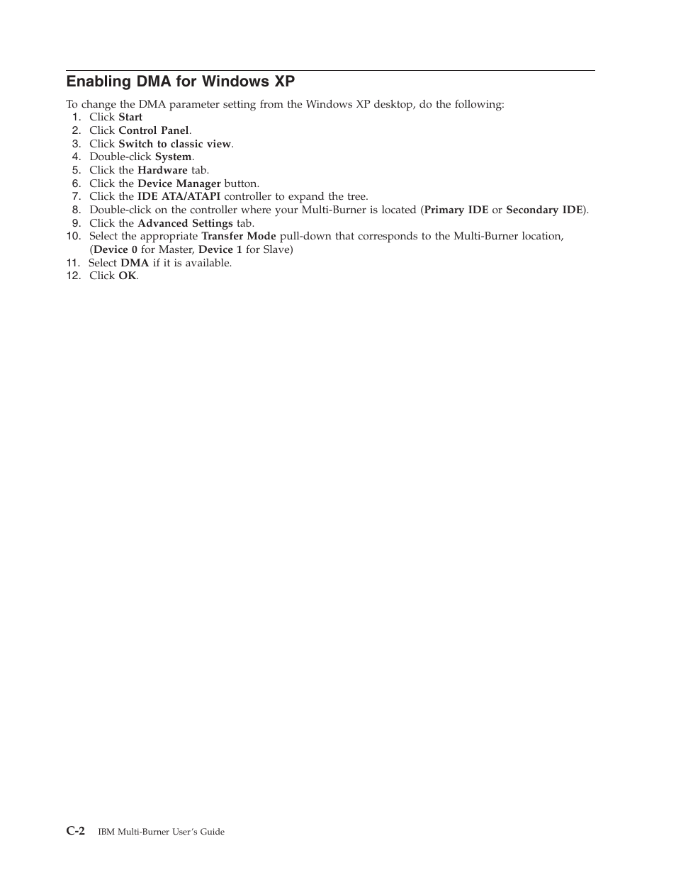 Enabling dma for windows xp | IBM 22P6972 User Manual | Page 30 / 46