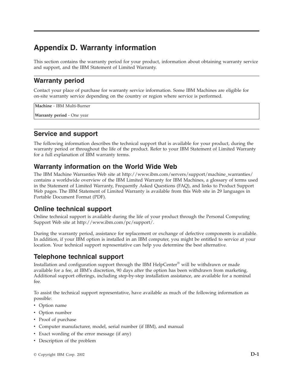 Appendix d. warranty information, Warranty period, Service and support | Warranty information on the world wide web, Online technical support, Telephone technical support | IBM 22P6972 User Manual | Page 31 / 46