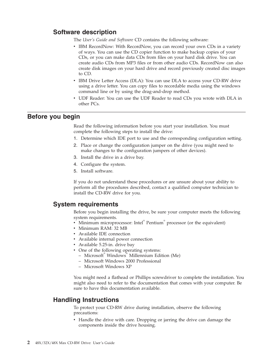 Software description, Before you begin, System requirements | Handling instructions | IBM 48X User Manual | Page 12 / 60