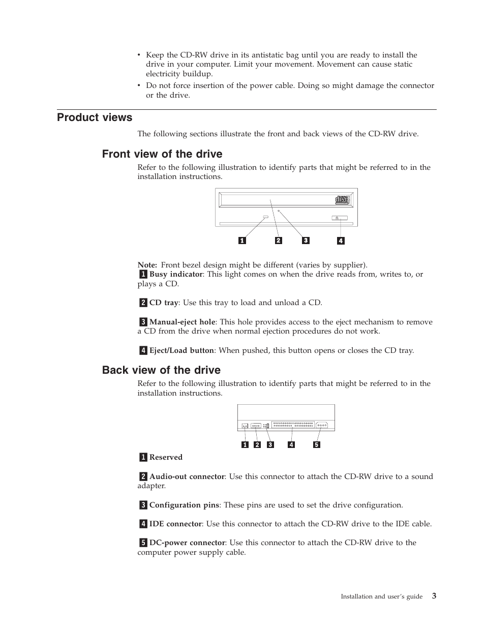 Product views, Front view of the drive, Back view of the drive | IBM 48X User Manual | Page 13 / 60