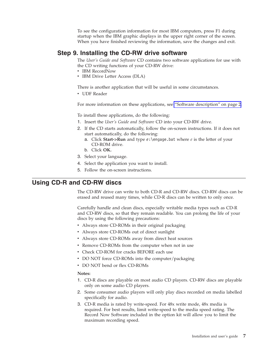 Step 9. installing the cd-rw drive software, Using cd-r and cd-rw discs | IBM 48X User Manual | Page 17 / 60