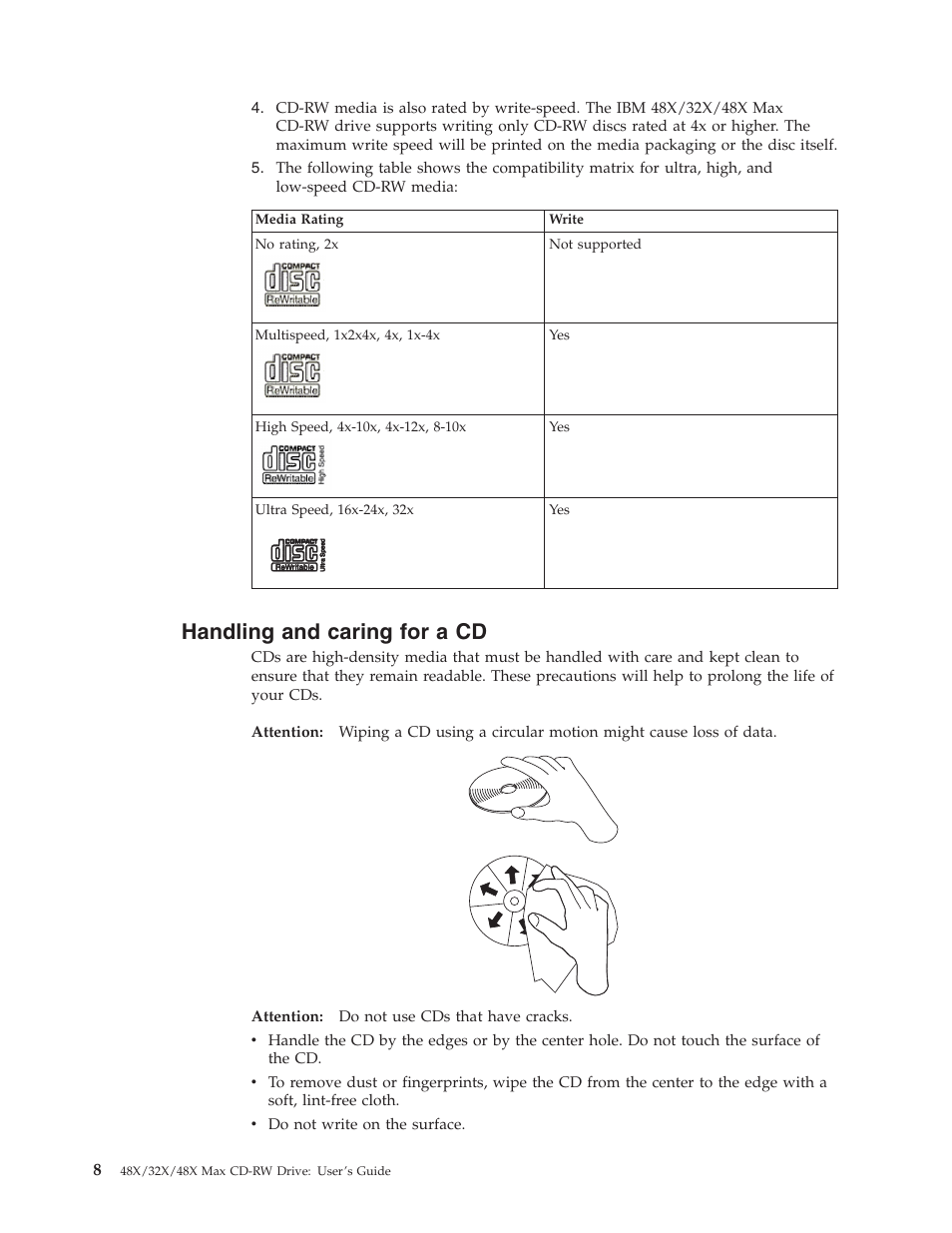 Handling and caring for a cd | IBM 48X User Manual | Page 18 / 60