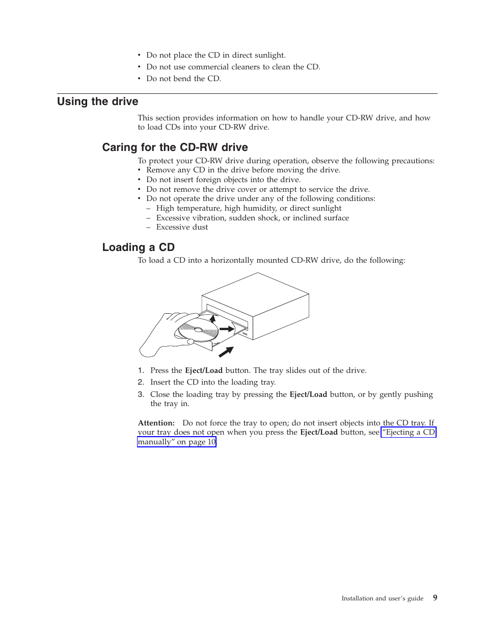 Using the drive, Caring for the cd-rw drive, Loading a cd | IBM 48X User Manual | Page 19 / 60
