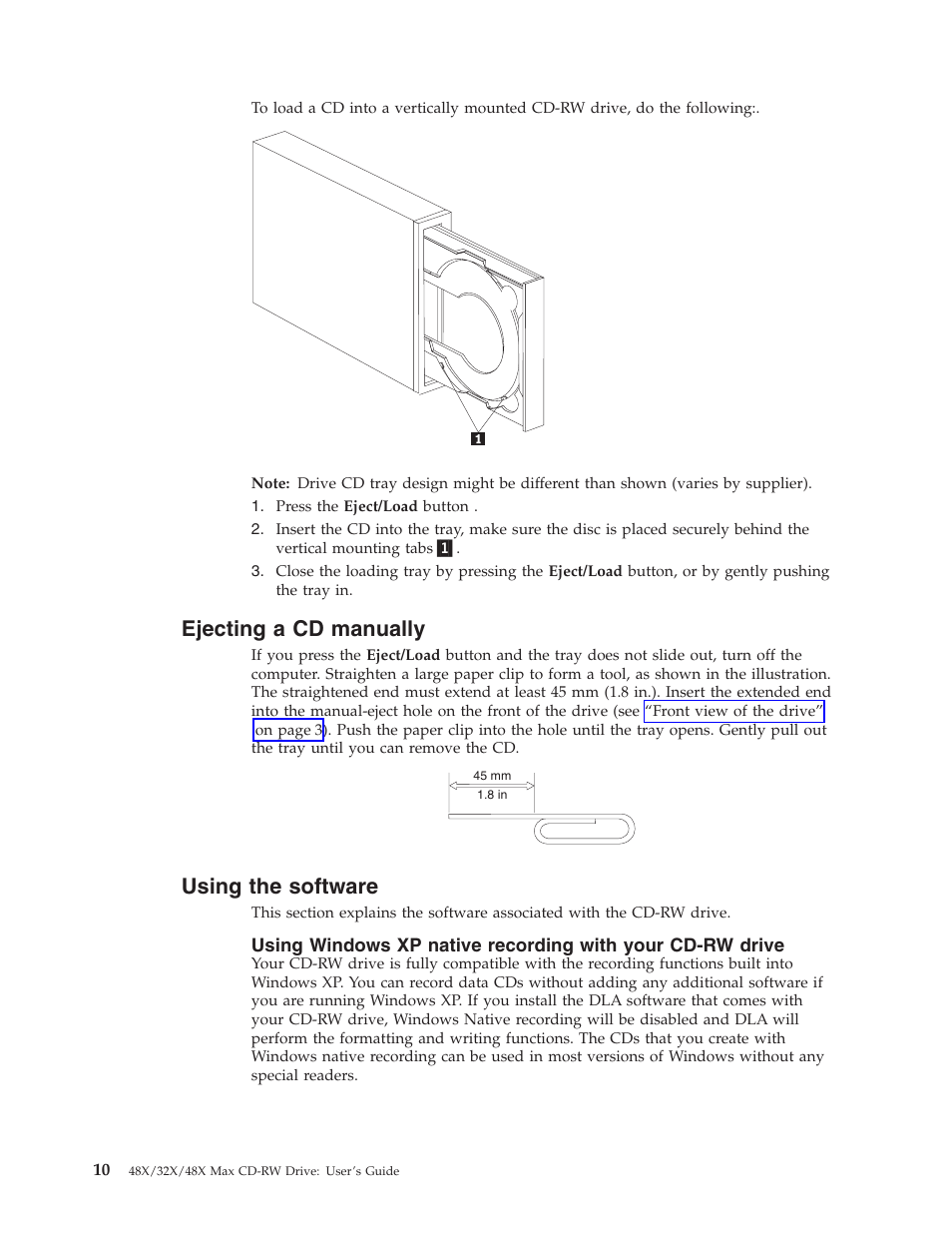 Ejecting a cd manually, Using the software | IBM 48X User Manual | Page 20 / 60