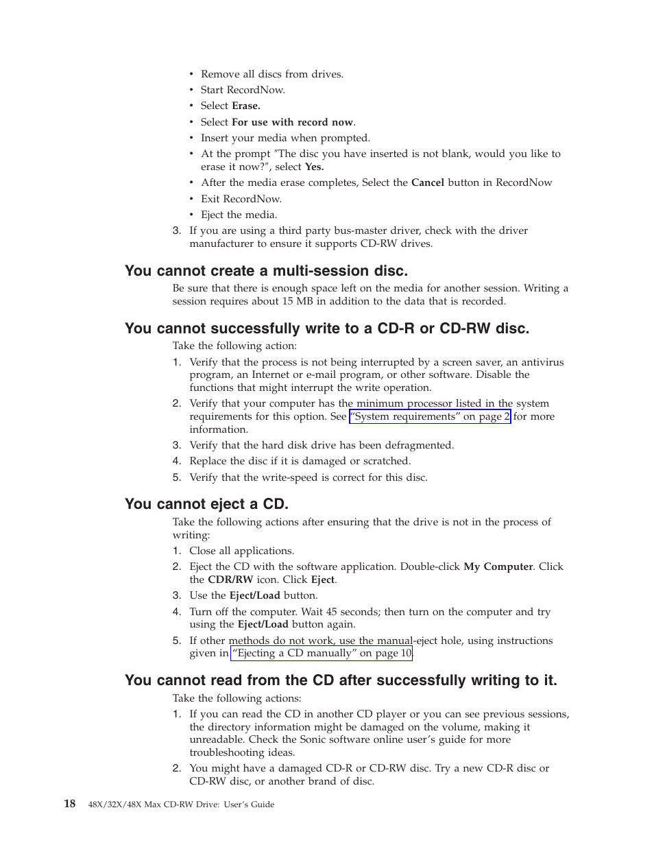 You cannot create a multi-session disc, You cannot eject a cd | IBM 48X User Manual | Page 28 / 60