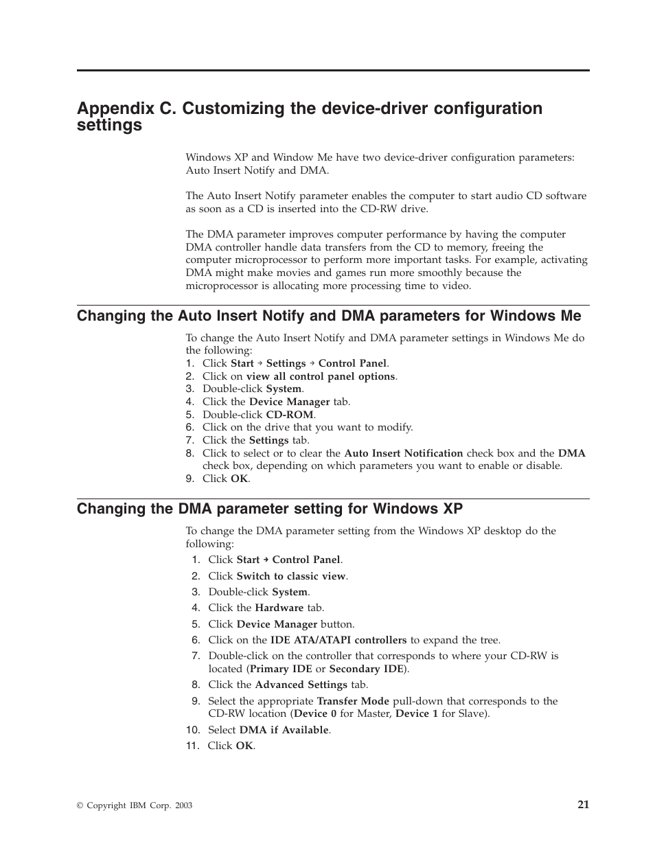 Changing the dma parameter setting for windows xp | IBM 48X User Manual | Page 31 / 60