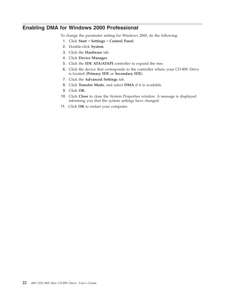 Enabling dma for windows 2000 professional | IBM 48X User Manual | Page 32 / 60