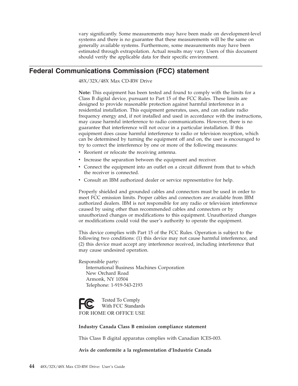 Federal communications commission (fcc) statement | IBM 48X User Manual | Page 54 / 60