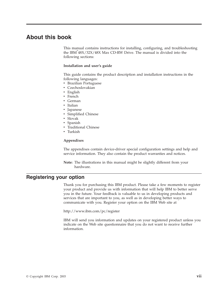 About this book, Registering your option, About this book . . . . . . . . . . . vii | IBM 48X User Manual | Page 9 / 60