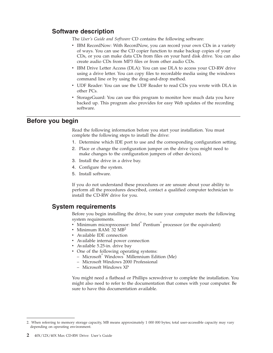 Software description, Before you begin, System requirements | IBM 22P6979 User Manual | Page 12 / 52