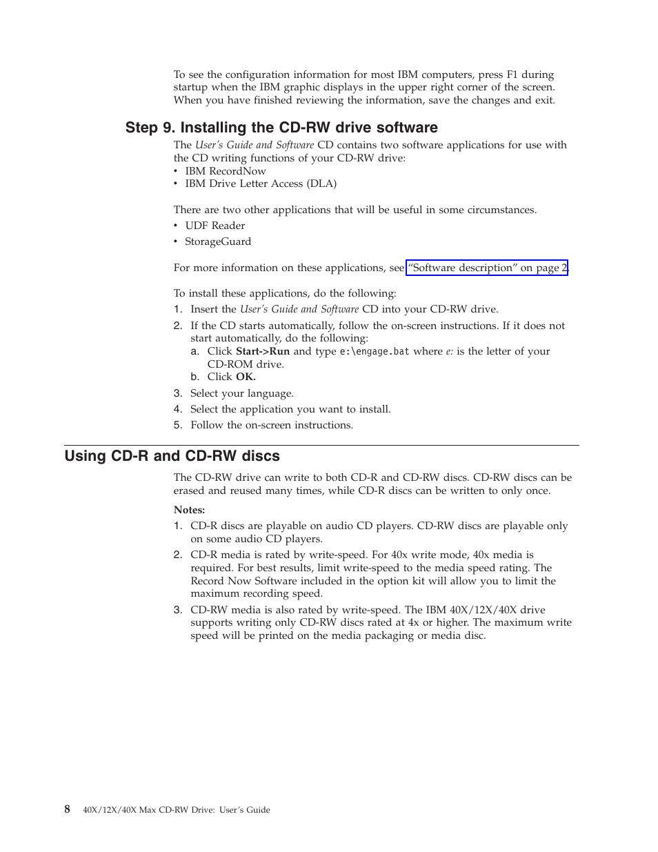 Step 9. installing the cd-rw drive software, Using cd-r and cd-rw discs | IBM 22P6979 User Manual | Page 18 / 52