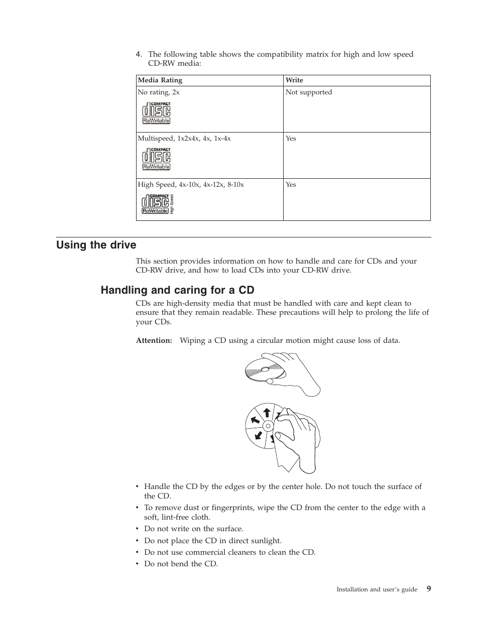 Using the drive, Handling and caring for a cd, Using cd-r and cd-rw discs | IBM 22P6979 User Manual | Page 19 / 52