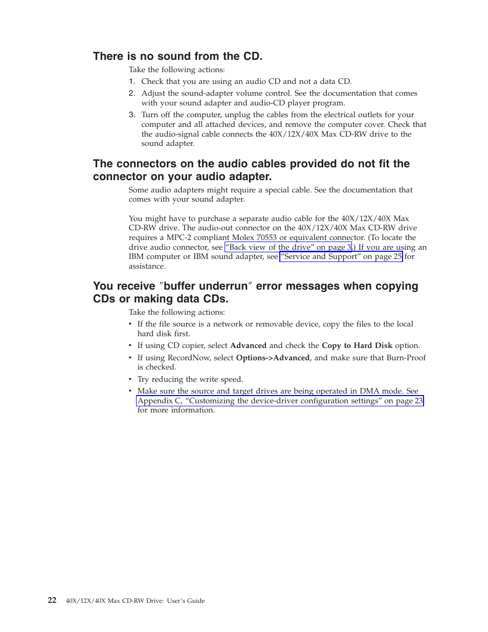 There is no sound from the cd, You receive, Buffer underrun″ error messages | When copying cds or making data cds | IBM 22P6979 User Manual | Page 32 / 52