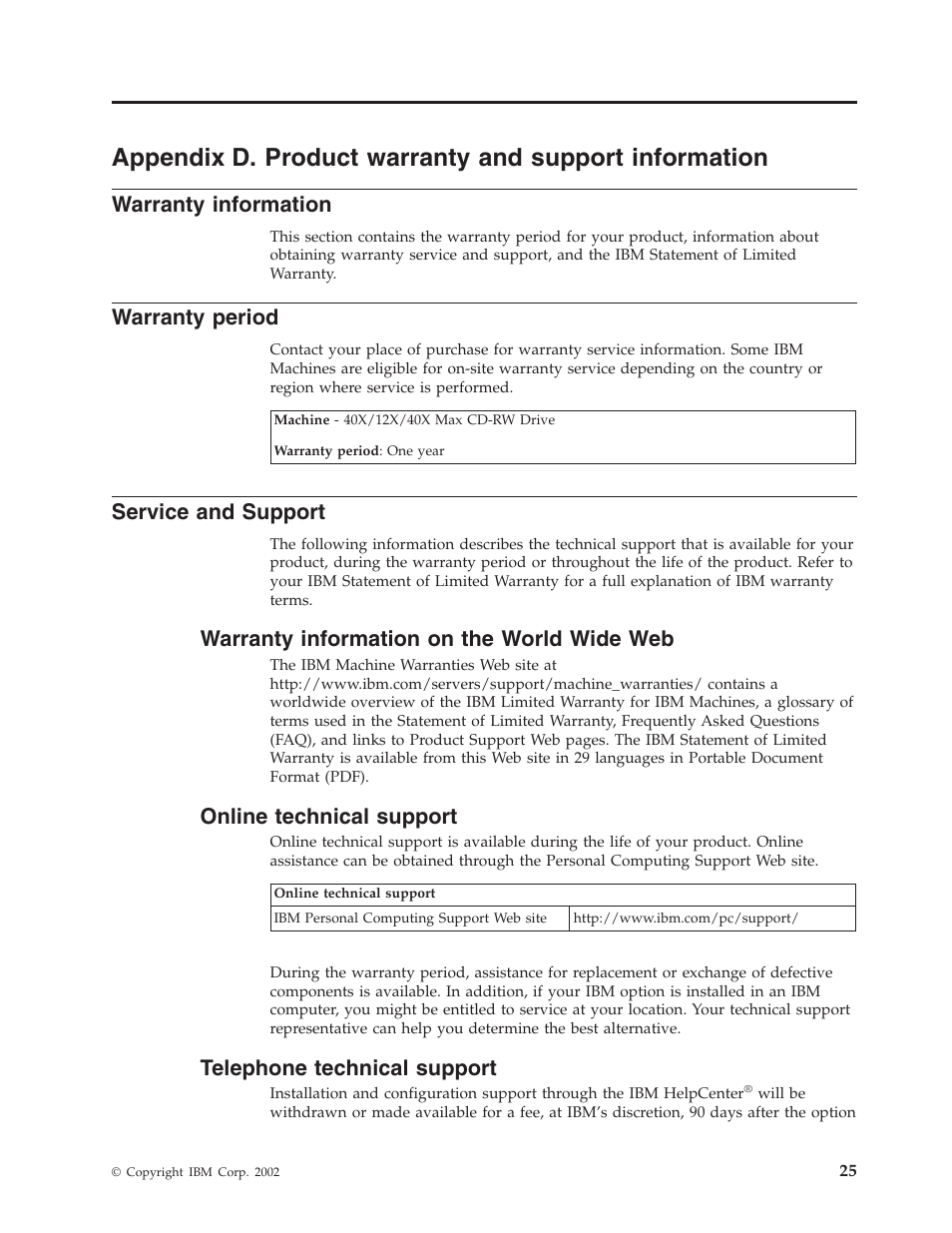 Warranty information, Warranty period, Service and support | Warranty information on the world wide web, Online technical support, Telephone technical support | IBM 22P6979 User Manual | Page 35 / 52