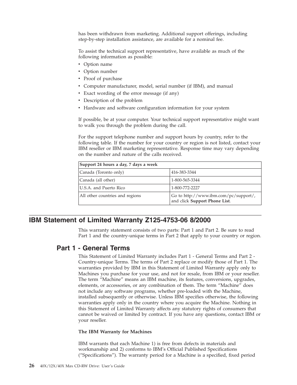 Part 1 - general terms, Telephone technical support | IBM 22P6979 User Manual | Page 36 / 52