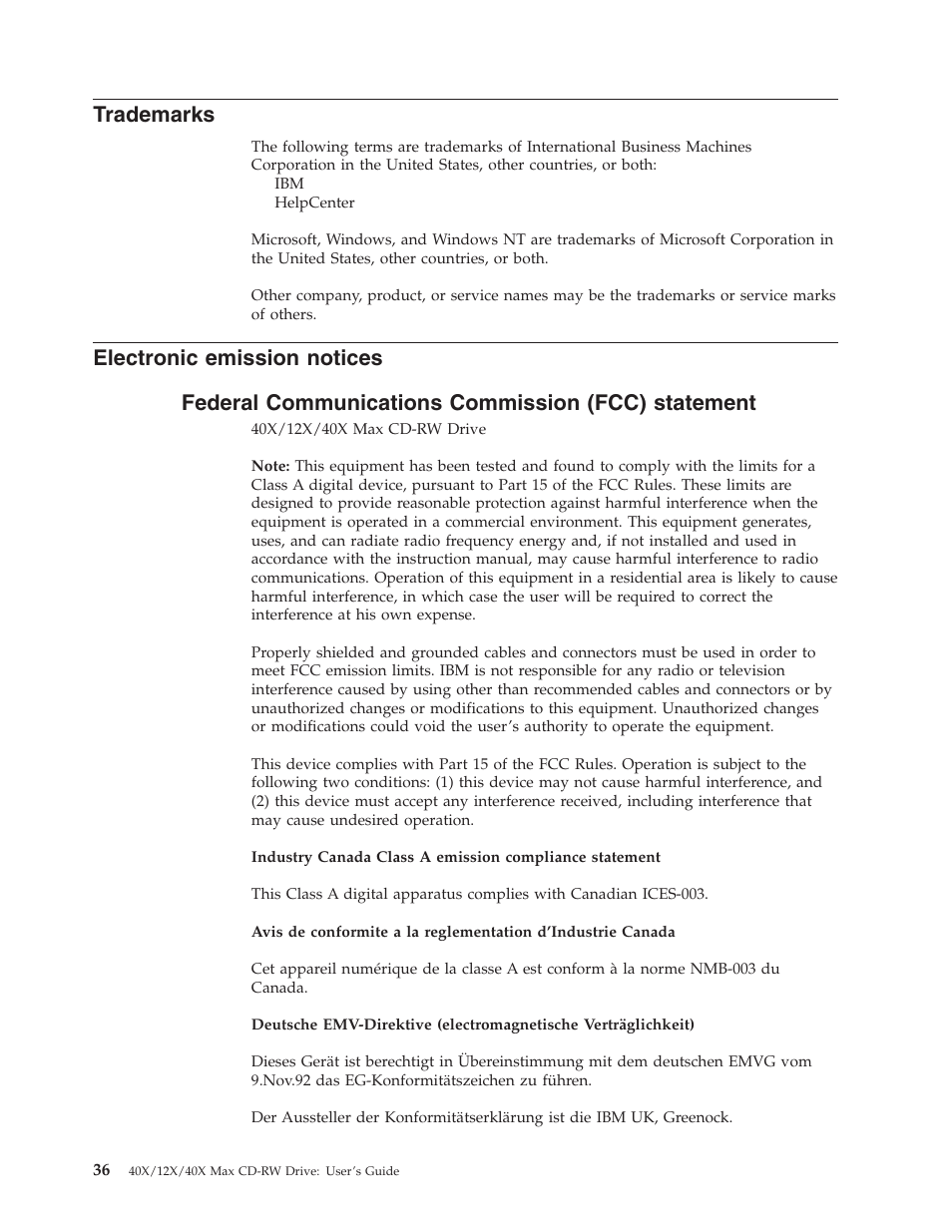 Trademarks, Electronic emission notices, Federal communications commission (fcc) statement | IBM 22P6979 User Manual | Page 46 / 52