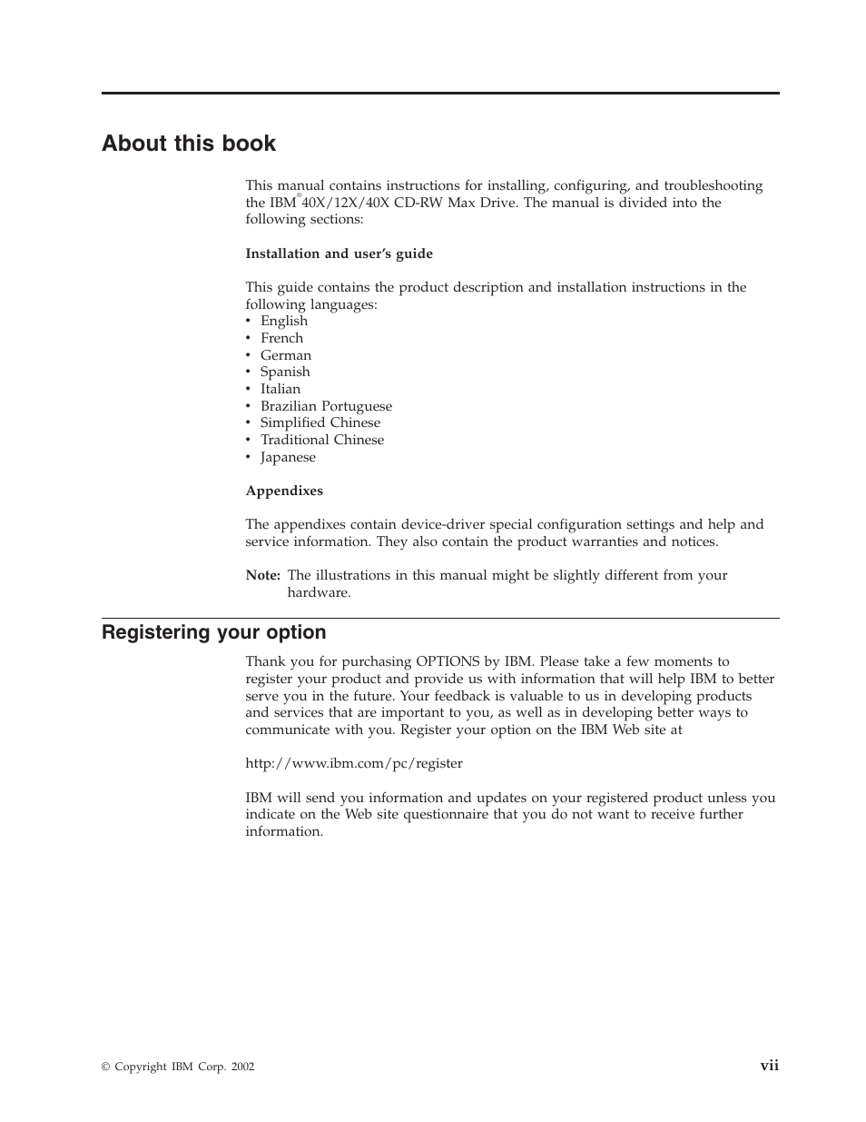 About this book, Registering your option, About this book . . . . . . . . . . . vii | IBM 22P6979 User Manual | Page 9 / 52